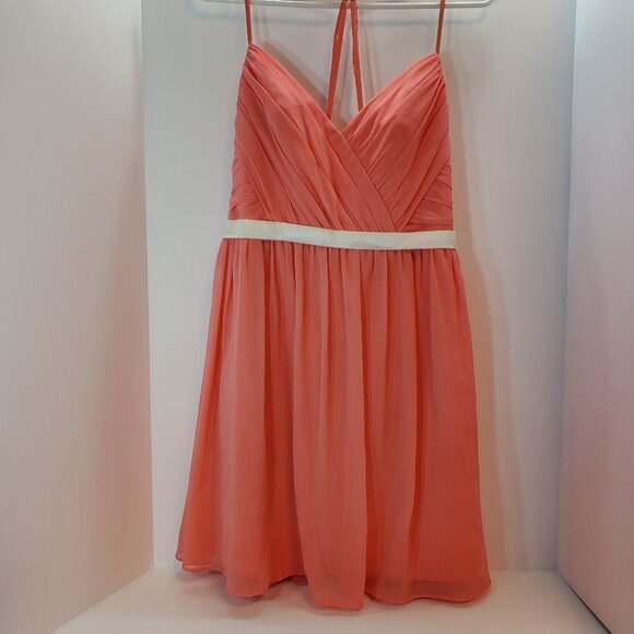 David's Bridal Sz 6 Short Coral Chiffon Halter Dress Bridesmaid Prom Formal Gown - Picture 1 of 9